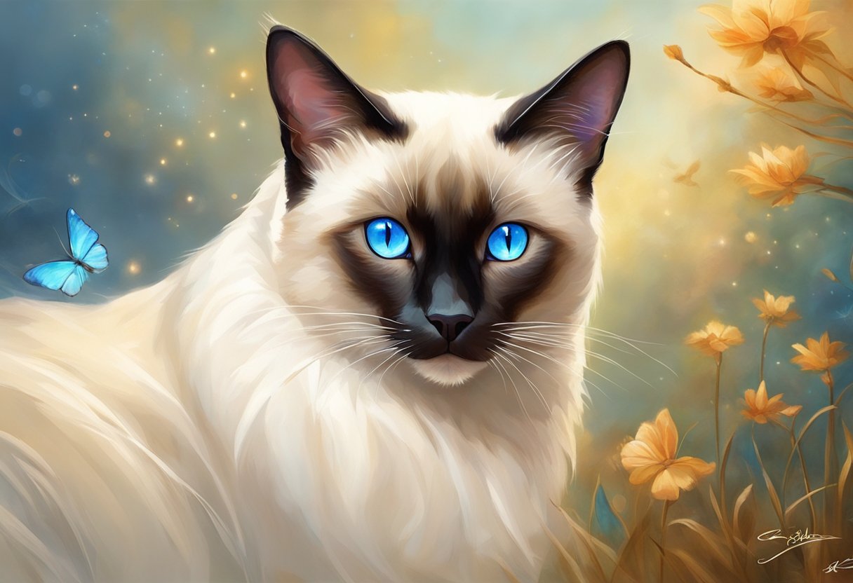 A Snowshoe Siamese cat with a regal posture and piercing blue eyes, exuding confidence and intelligence