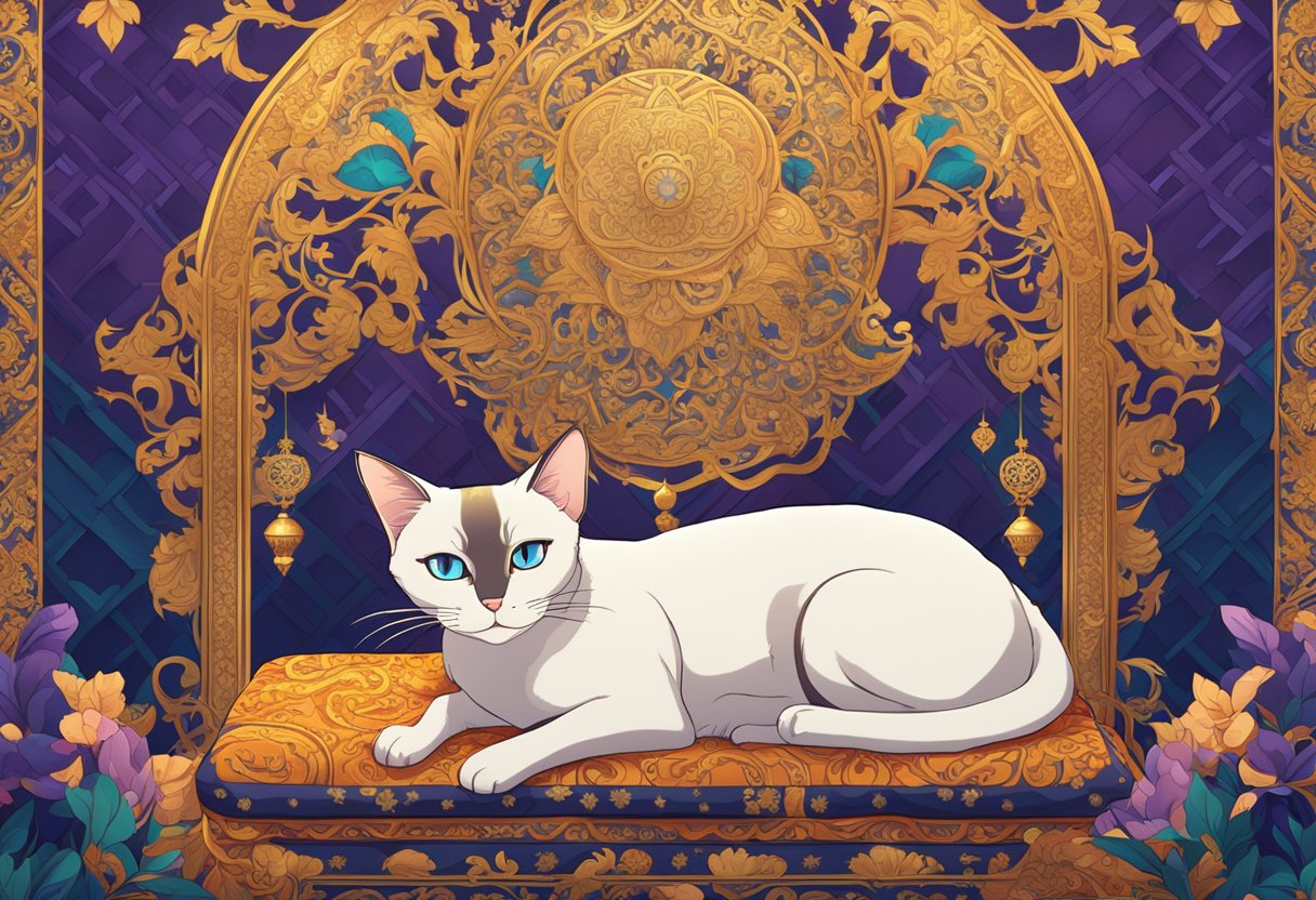 A Siamese cat lounges on a silk cushion in a grand palace adorned with intricate Thai patterns and ornate golden decorations