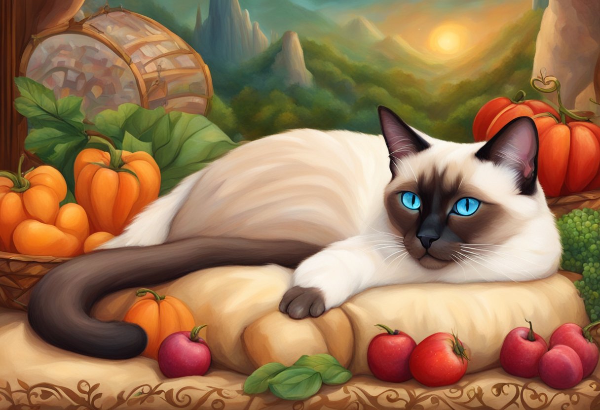 A Snowshoe Siamese cat lounges on a plush pillow, surrounded by healthy food and a cozy bed, while a lifespan chart hangs on the wall