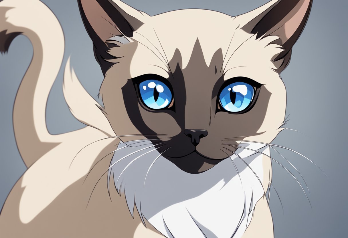 A Traditional Siamese Cat with a sleek, slender body, almond-shaped blue eyes, and distinctive dark points on its ears, face, paws, and tail