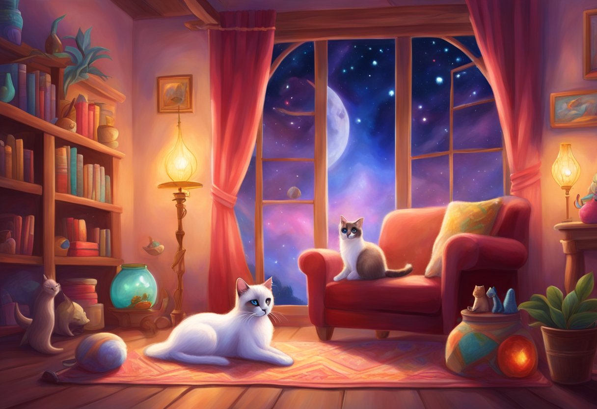 A Siamese Snowshoe cat is being groomed and fed by its owner in a cozy living room with a cat tree and toys