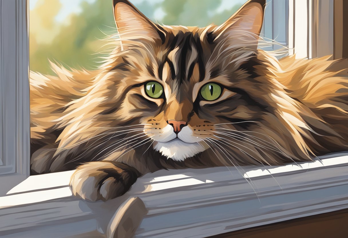 A Maine Coon mix cat lounges on a sunlit windowsill, gazing out at the world with curious eyes. Its large, fluffy frame is illuminated by the warm glow, showcasing its majestic fur and regal presence
