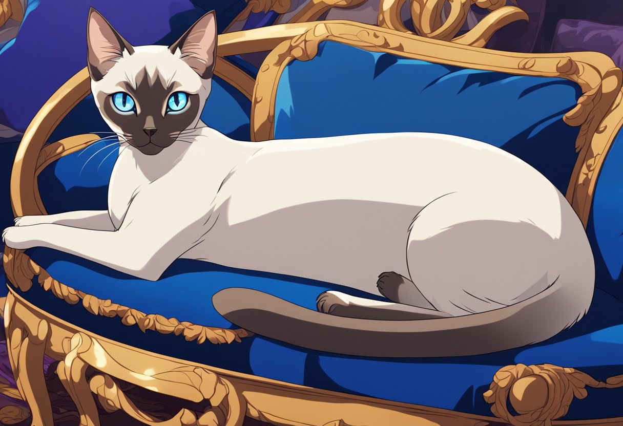A Traditional Siamese cat lounges regally on a velvet cushion, with piercing blue eyes and a sleek, slender body exuding elegance and intelligence
