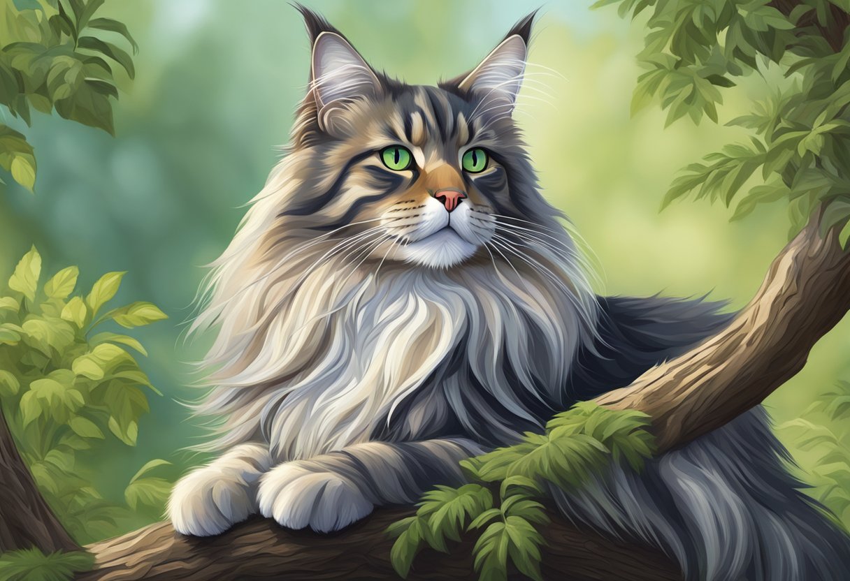A majestic Maine Coon mix lounges on a tree branch, its long fur flowing in the breeze, surrounded by lush greenery and a sense of regal tranquility