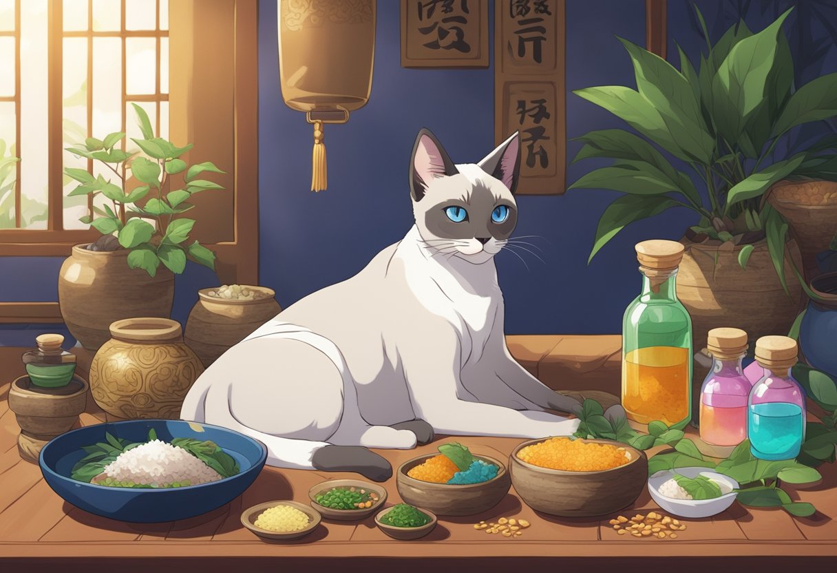 A Siamese cat lounges on a cushion, surrounded by traditional Thai health and care items like herbal remedies and massage tools