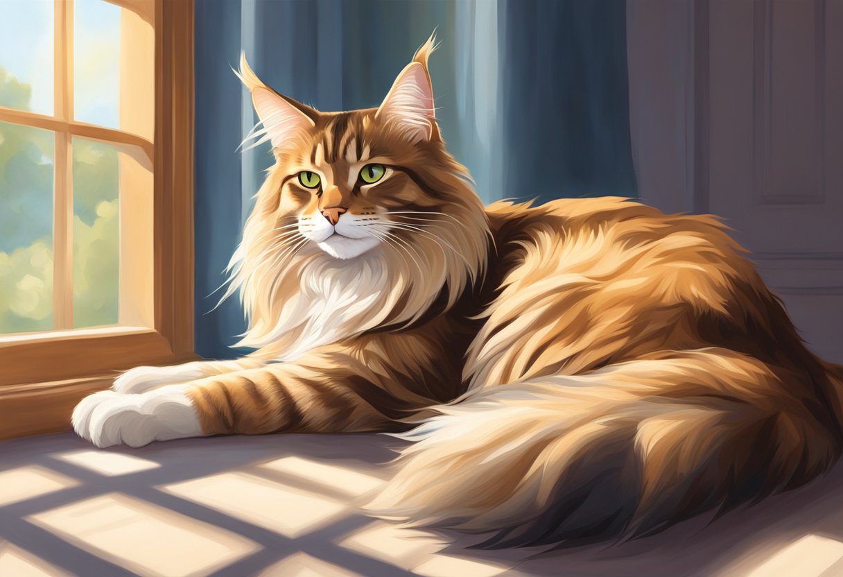 A majestic Maine Coon mix cat lounges on a plush cushion, its fur gleaming in the sunlight streaming through a window. The cat's regal posture exudes confidence and grace