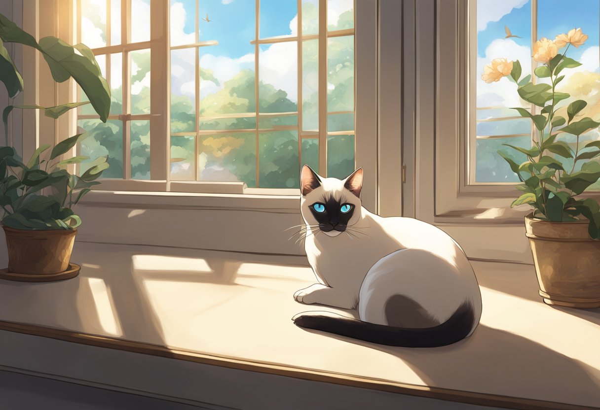 A Siamese cat lounges on a cushioned perch, gazing out a window at passing birds. Sunlight streams in, casting a warm glow on the sleek, elegant feline