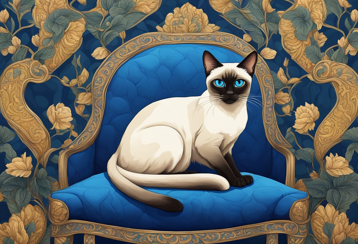 A Siamese cat sits regally on a velvet cushion, its striking blue eyes gazing confidently at the viewer. The sleek, slender body and distinctive color points are showcased against a backdrop of ornate Thai-inspired decor