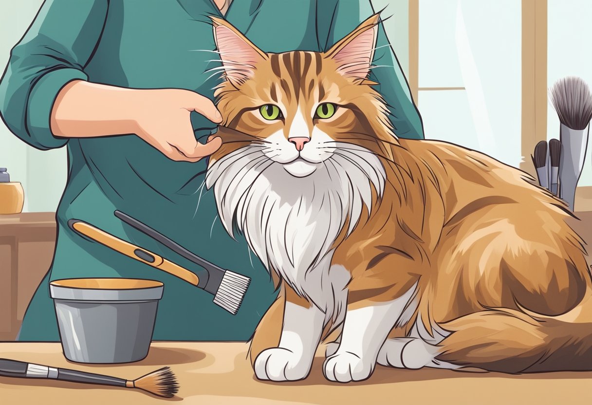 A Maine Coon mix cat being groomed with a brush and receiving care from a person, with a focus on the cat's fur and grooming tools