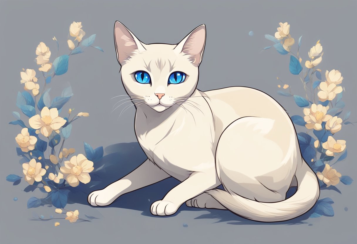 A regal Siamese cat sits gracefully, with striking blue eyes and a sleek, slender body. Its coat is a creamy beige with darker points on the ears, face, paws, and tail