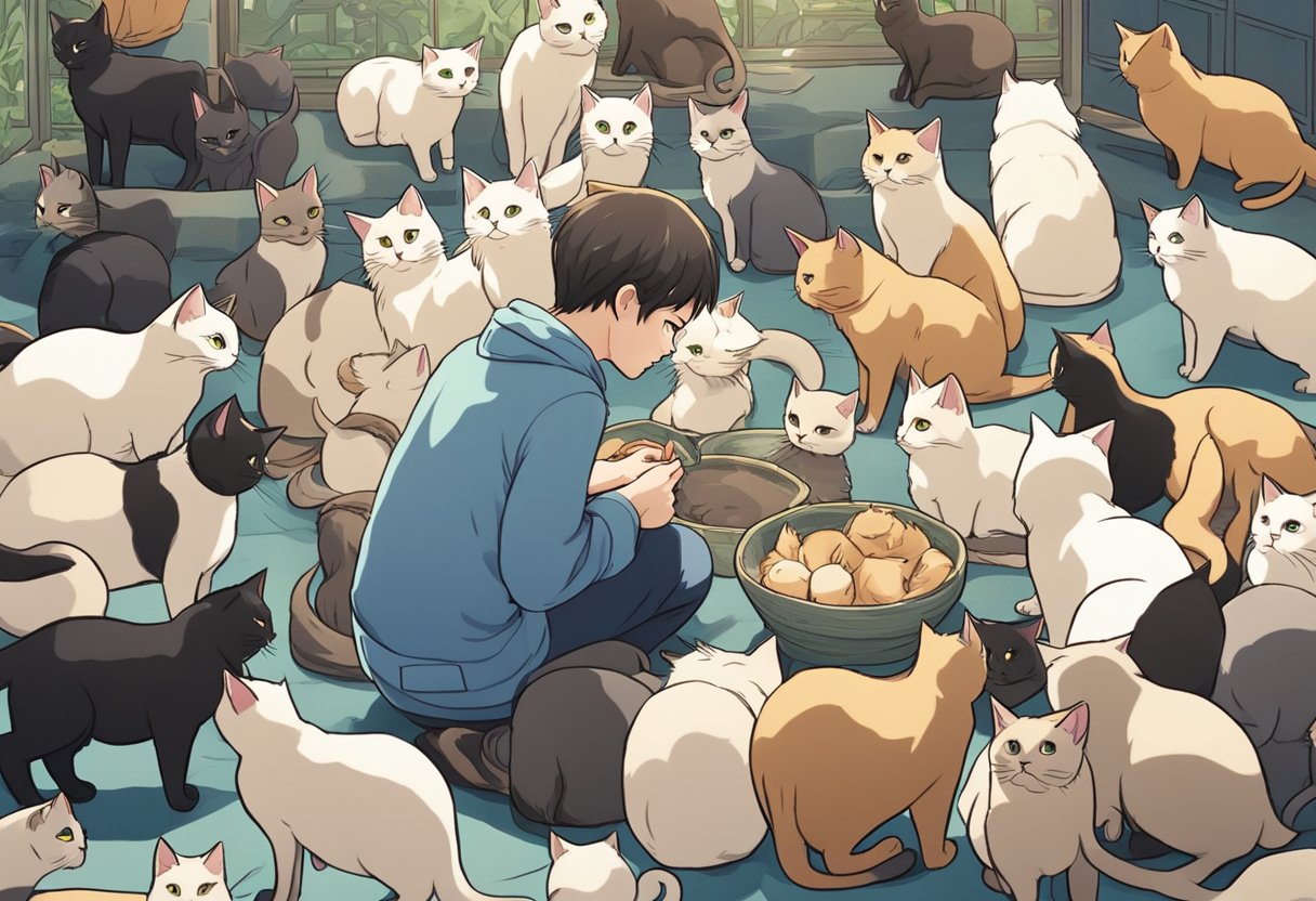 A person selecting a traditional Siamese cat from a group of cats