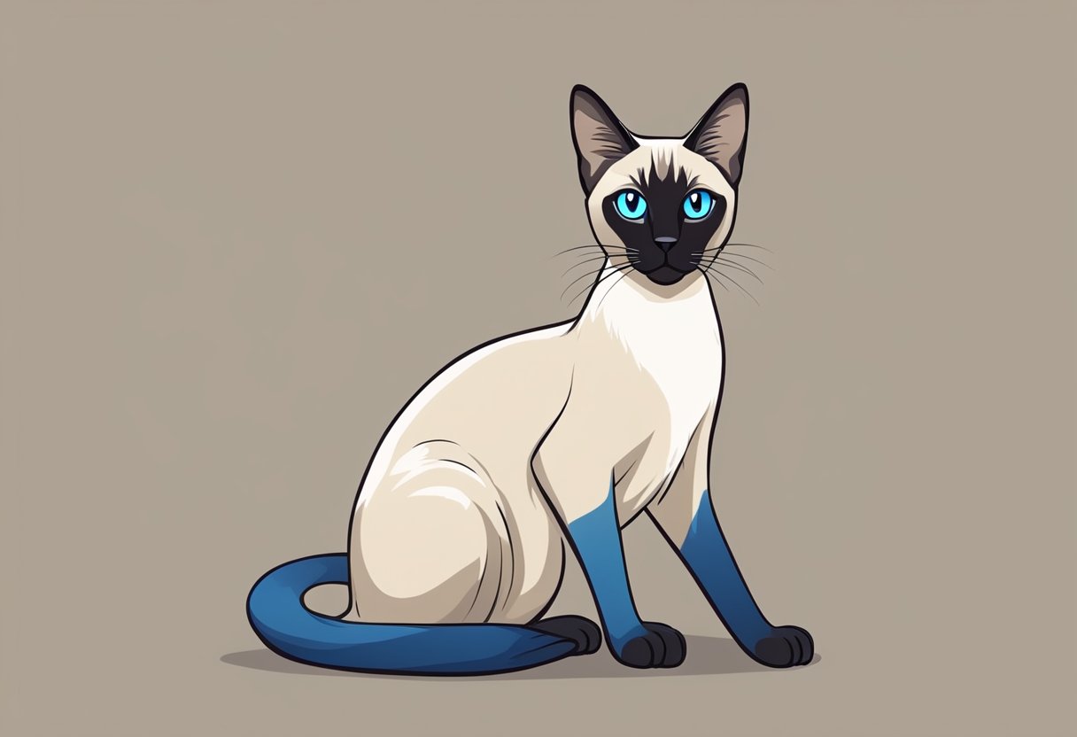 A Siamese cat sits proudly with a sleek, slender body and striking blue almond-shaped eyes, its coat a mix of light and dark shades, with a distinctive color pattern on its face, ears, paws, and tail