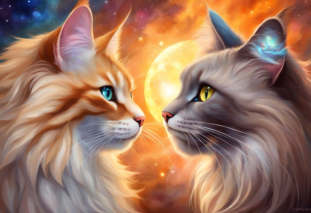 A Maine Coon and a Ragdoll face off, their fur puffed up in a standoff, tails held high, with intense gazes locked on each other