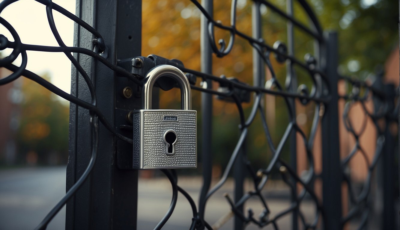 A locked gate with a padlock symbolizing security, surrounded by a shield representing privacy. An impenetrable wall surrounds the gate, with a vigilant security camera monitoring for intruders