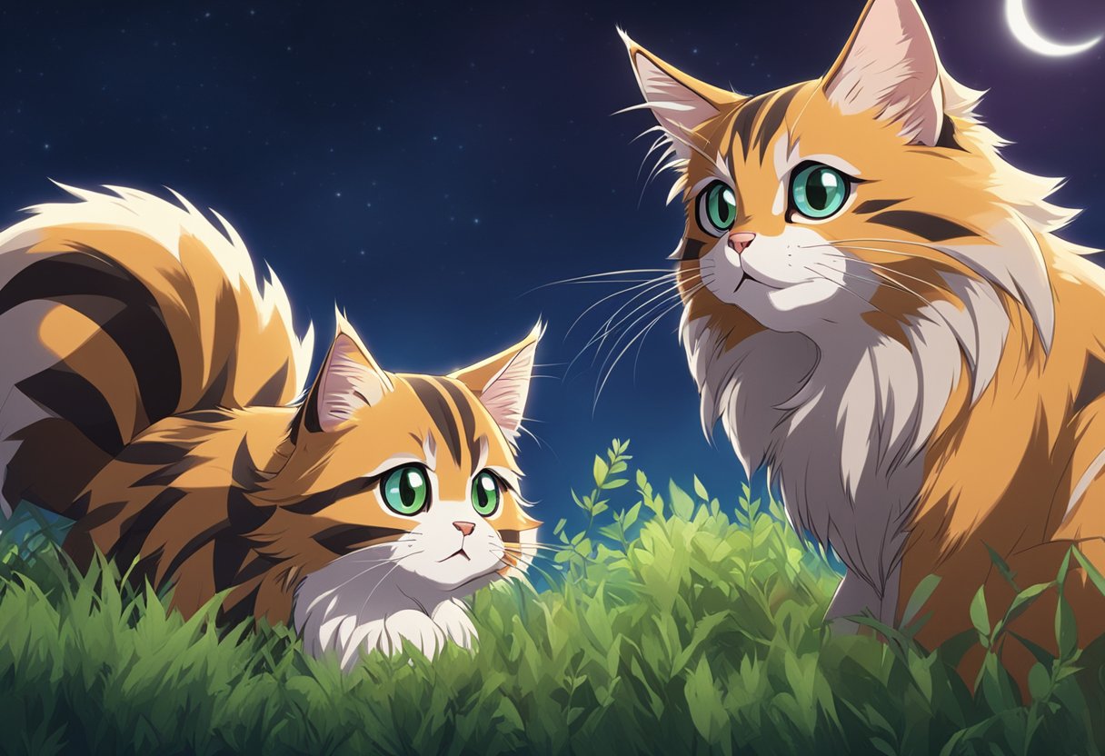 A Maine Coon cat with a bushy tail sits next to a raccoon, both looking curiously at each other