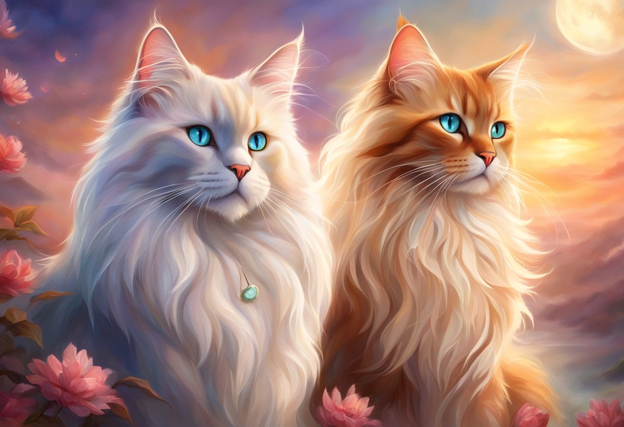 Two majestic cats, one Maine Coon and one Ragdoll, stand side by side, showcasing their distinct features and regal presence