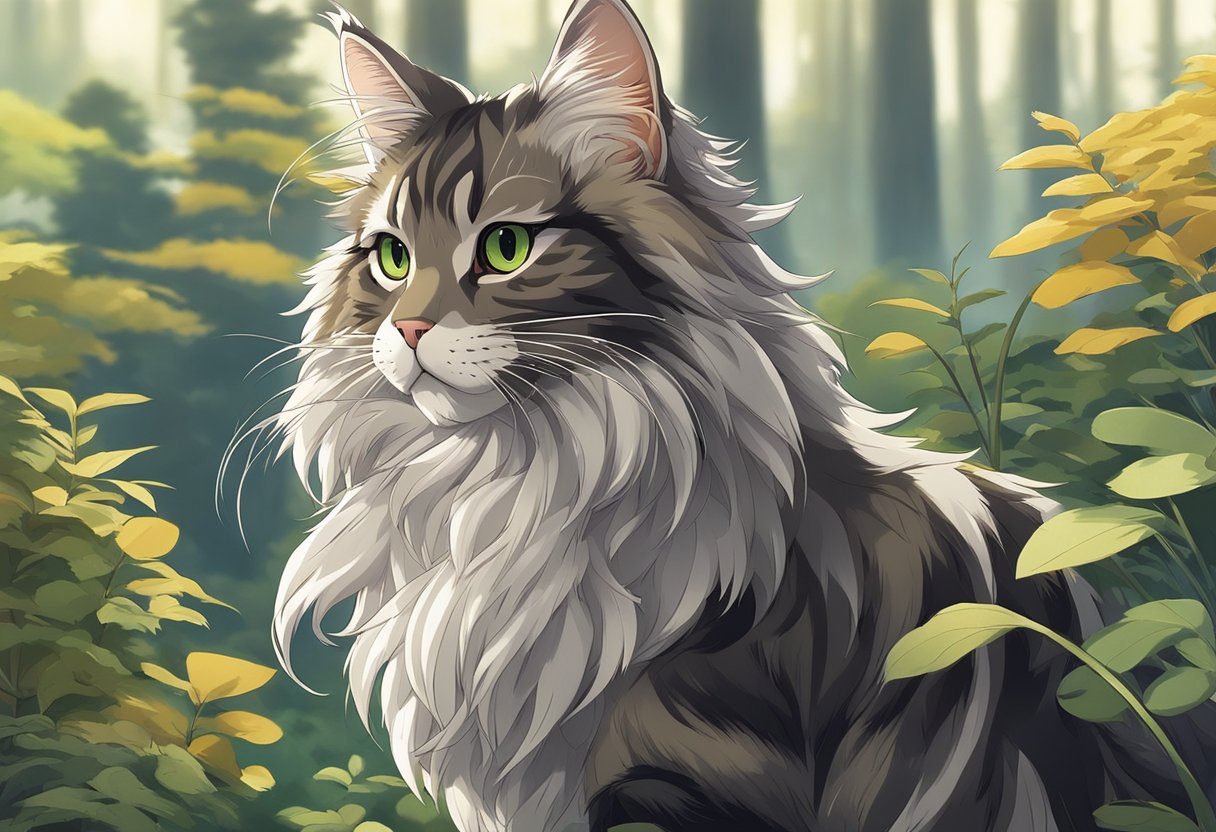A Maine Coon cat stands tall, its long, bushy tail swishing behind it. Its tufted ears perk up as it gazes curiously at a raccoon, debunking the myth of its mixed heritage