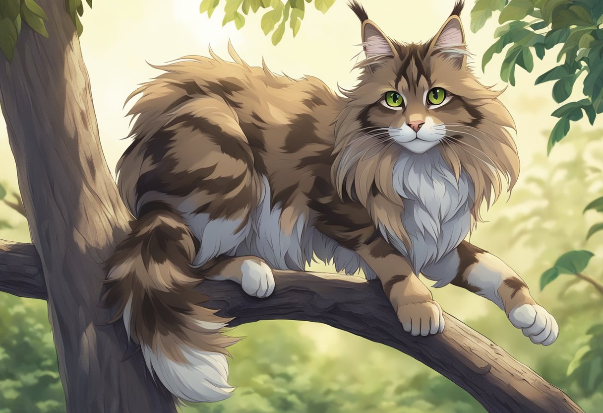 A Maine Coon cat with long, tufted ears and a bushy, raccoon-like tail sits proudly on a tree branch, its large, expressive eyes gazing out into the distance