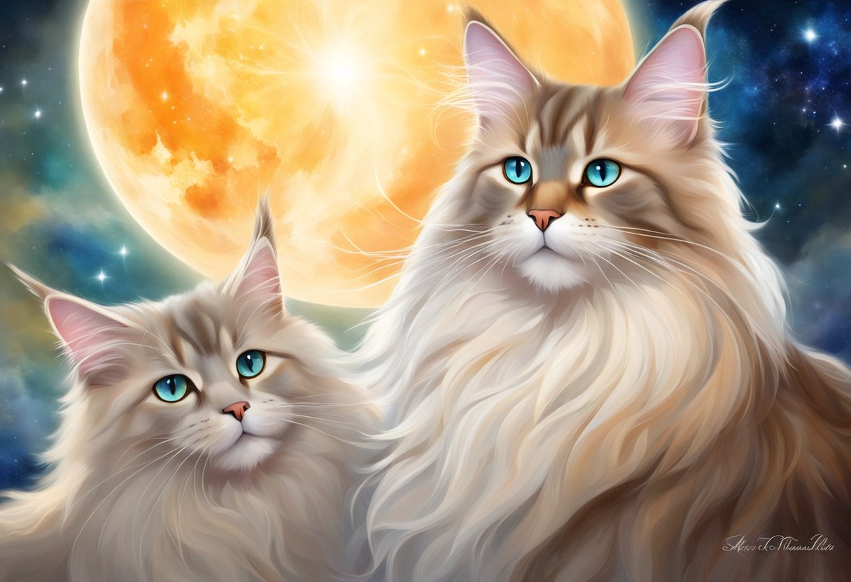 A Maine Coon and Ragdoll face off, one with confident posture and alert eyes, the other relaxed and gentle, showcasing their contrasting temperaments and personalities