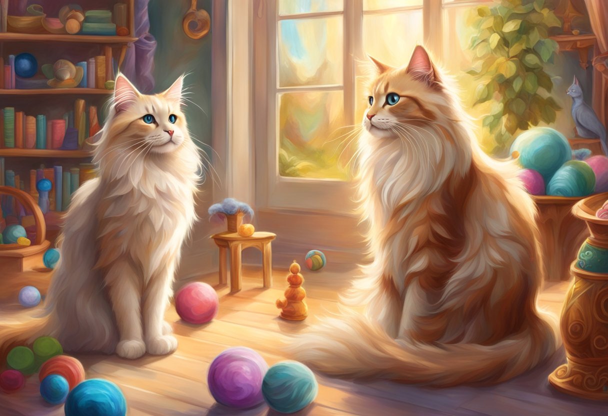 A Maine Coon and Ragdoll playfully interact in a sunny, spacious room with toys and scratching posts. Both cats appear healthy and well-groomed