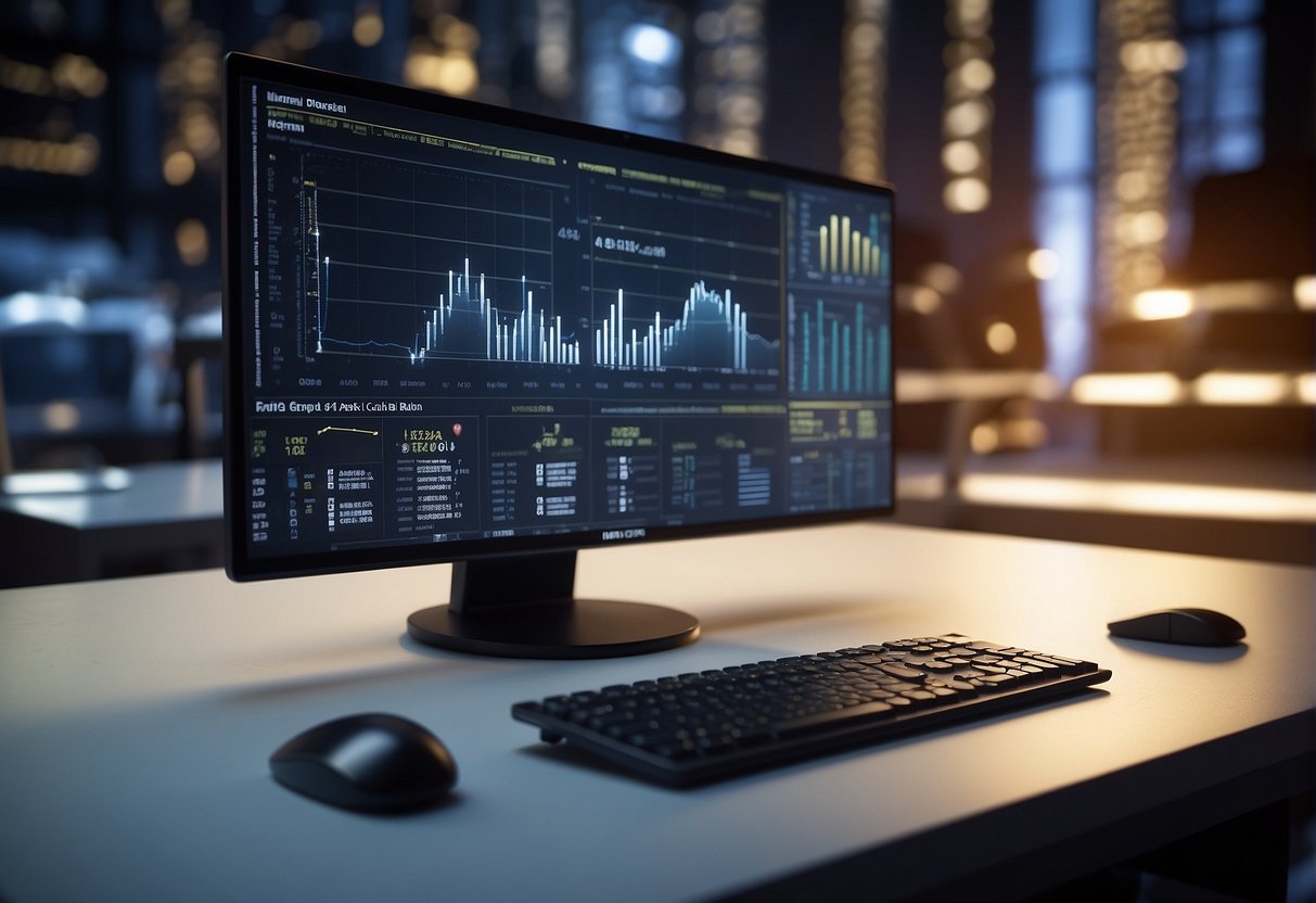 A computer analyzing data, surrounded by graphs and charts, with a glowing neural network in the background