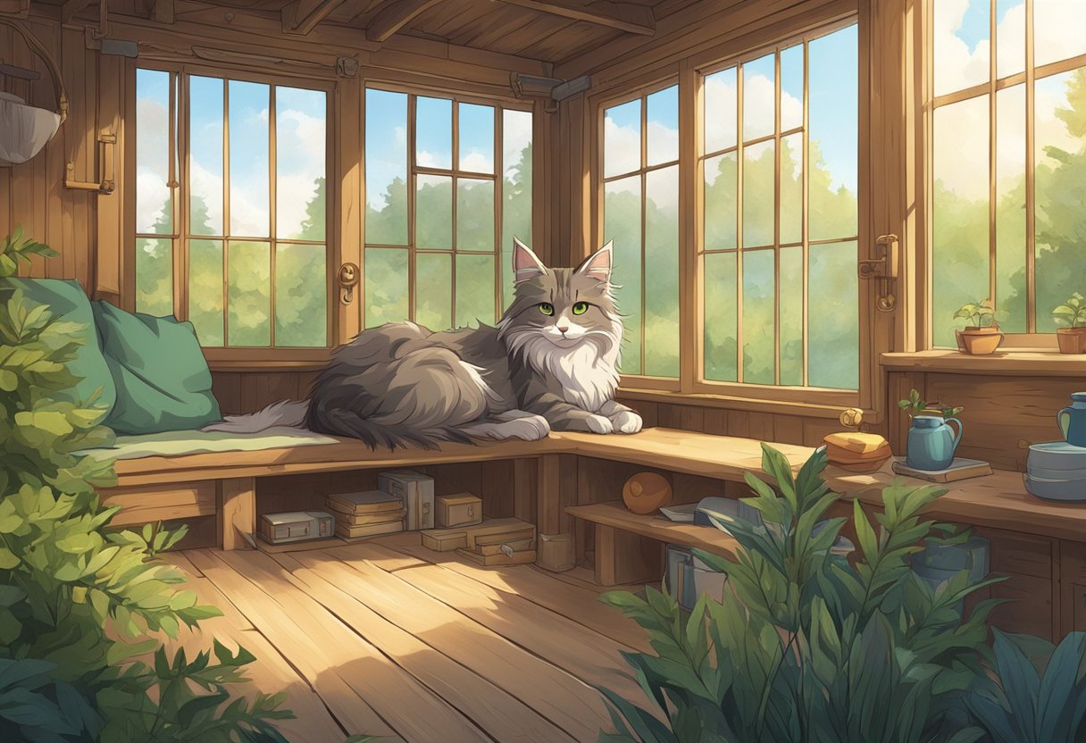 A Maine Coon cat with raccoon-like features lounges in a cozy, rustic cabin, surrounded by nature and wildlife
