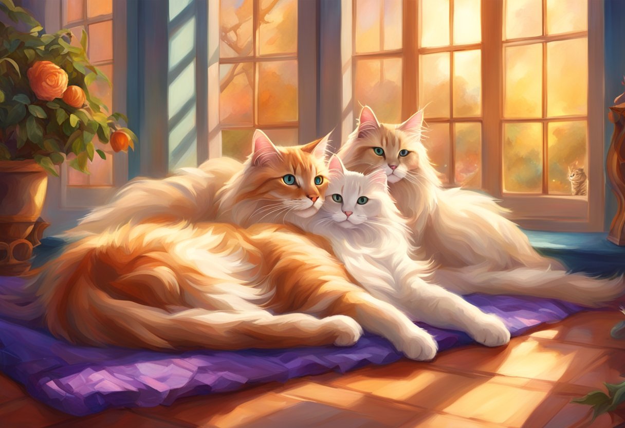 Two large cats, one Maine Coon and one Ragdoll, lounging in a sunlit room with large windows, surrounded by cat trees, toys, and comfortable bedding