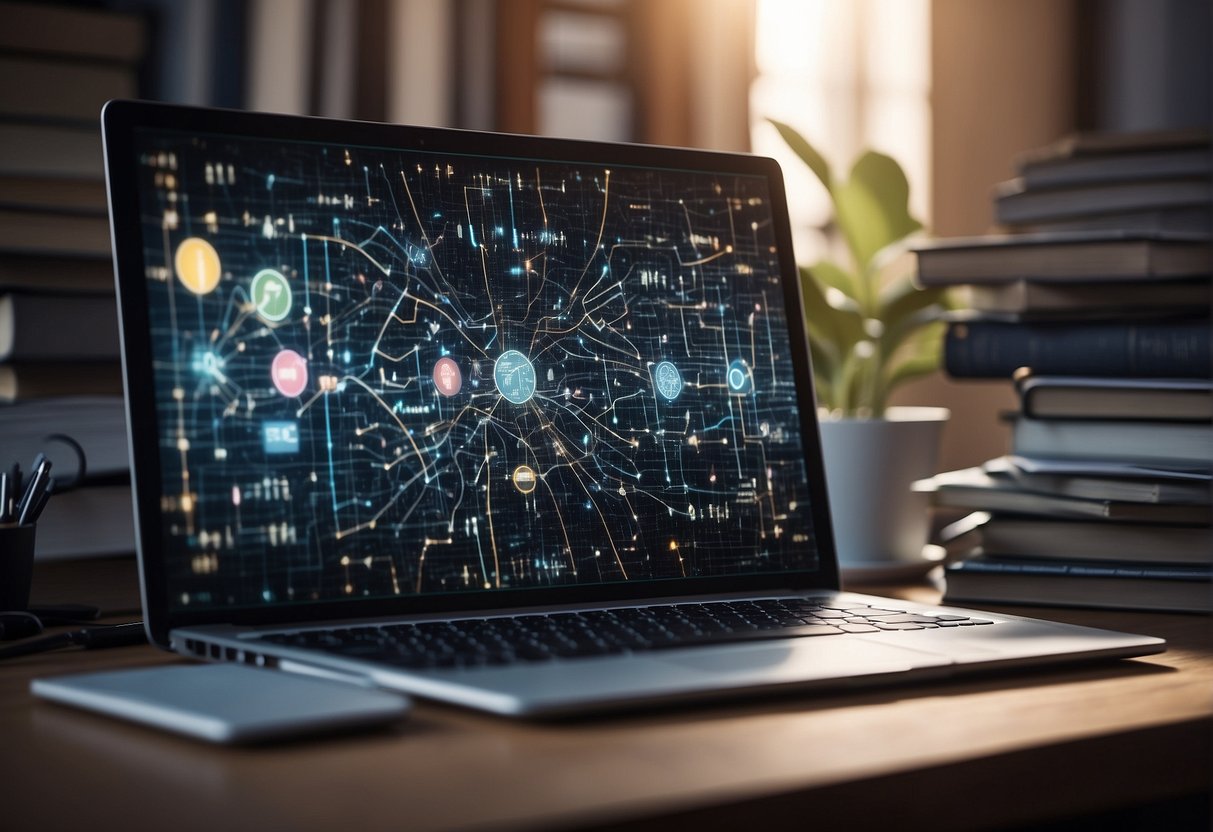 A computer surrounded by books, equations, and neural network diagrams, symbolizing the intersection of career and specialization in deep learning