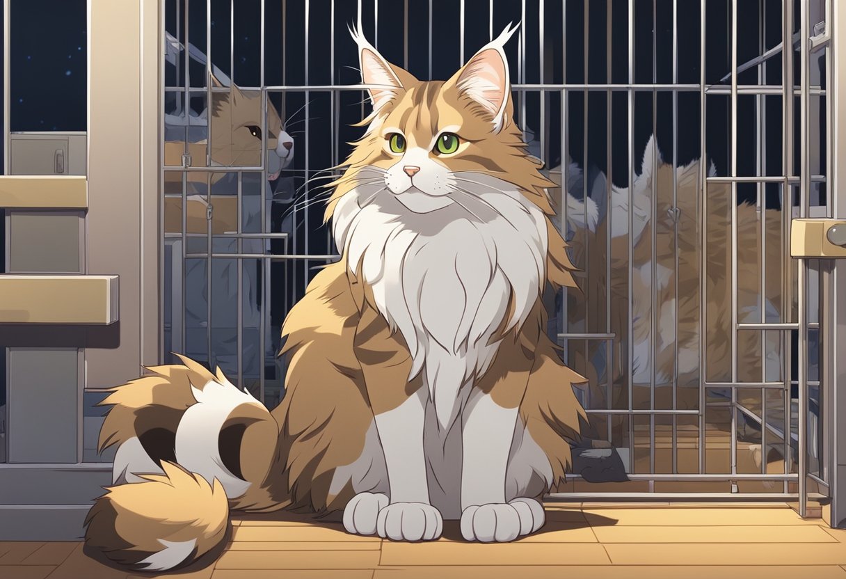 A Maine Coon cat with raccoon-like features, such as a bushy tail and tufted ears, stands in a breeding facility surrounded by other cats