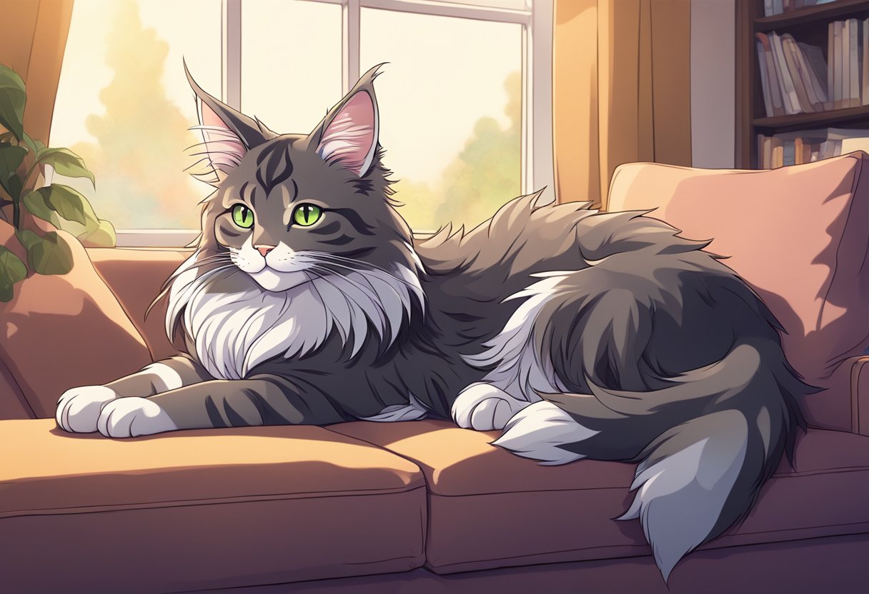 A Maine Coon cat lounges on a cozy couch, its large, tufted ears perked up as it gazes out a window, its bushy tail curled around its body