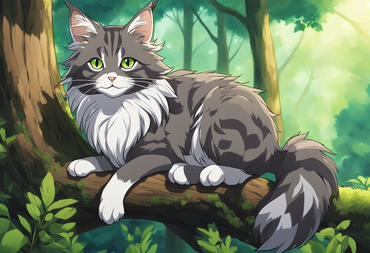 A Maine Coon cat with raccoon-like features, sitting on a tree branch in a forest setting, with its long, bushy tail wrapped around its body