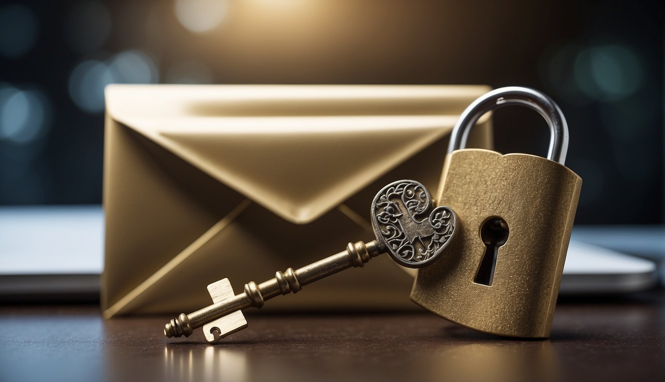A lock and key hovering over an open email envelope, symbolizing the concept of email encryption and its importance