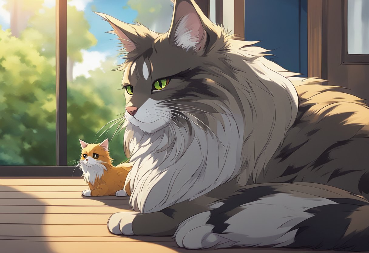 A Maine Coon cat sits beside a raccoon, comparing their size and features. The cat's long fur and tufted ears contrast with the raccoon's masked face and bushy tail