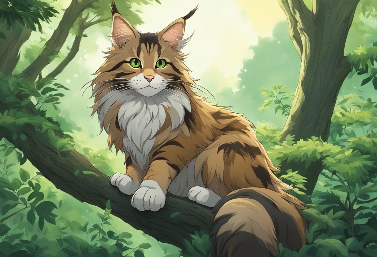 A Maine Coon cat with raccoon-like features sits on a tree branch, surrounded by forest foliage. Its long, bushy tail and pointed ears stand out against the greenery