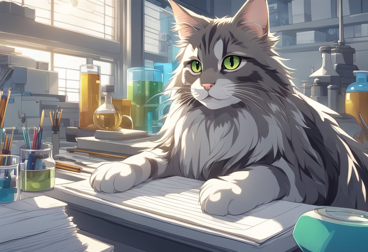 A Maine Coon cat with raccoon-like features sits in a scientific laboratory, surrounded by research papers and equipment, as scientists study its unique cuteness