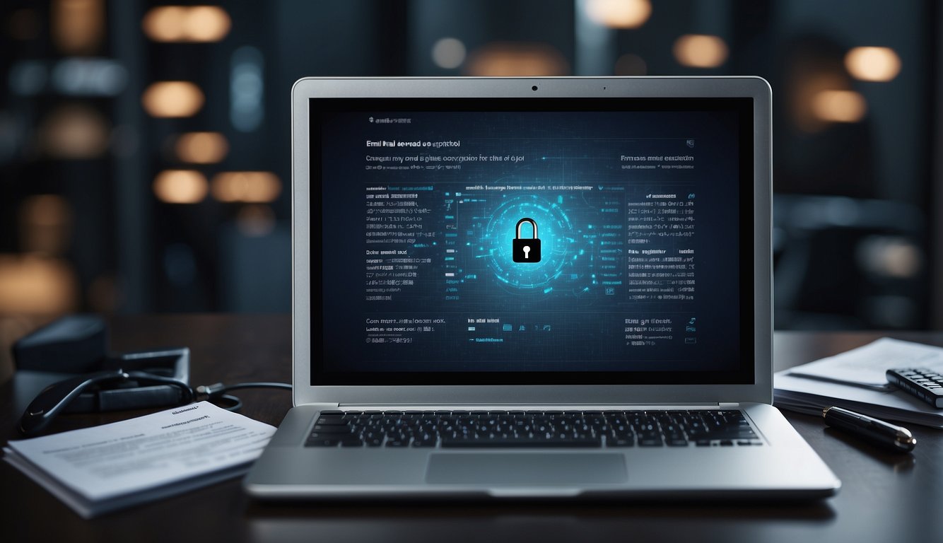 A computer screen displaying an email encryption guide with a lock icon and a key symbol, surrounded by regulatory compliance documents