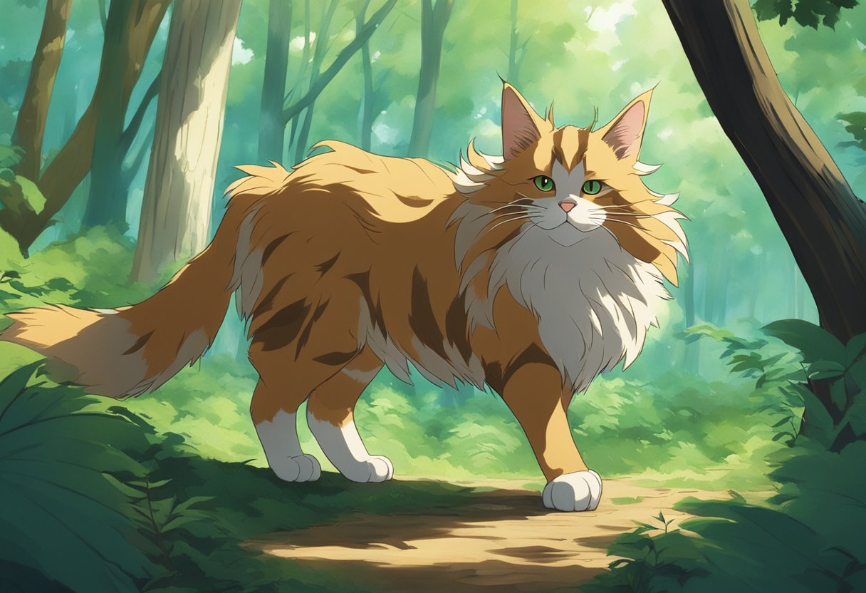A Maine Coon cat with raccoon-like features explores a forest, its long, bushy tail swishing as it navigates through the trees and underbrush
