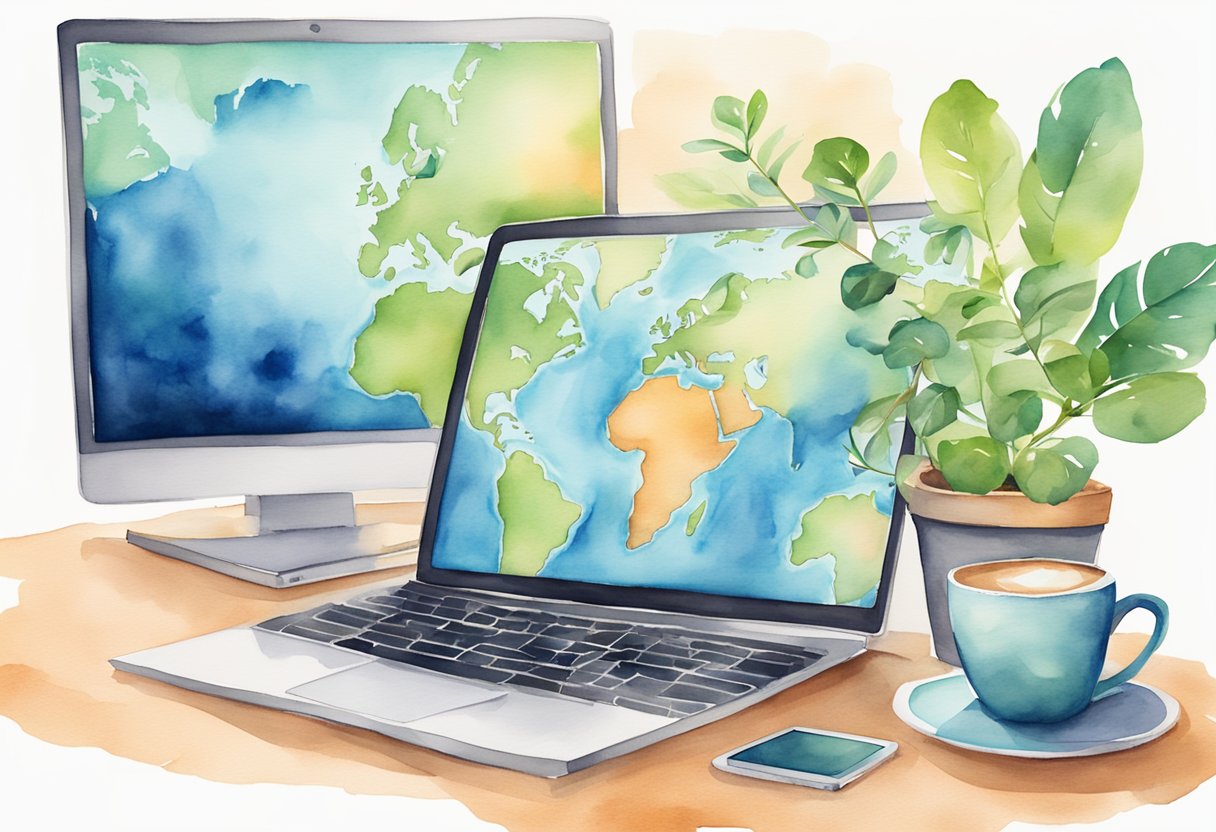 A laptop, smartphone, and tablet on a desk with a stack of books, a potted plant, and a coffee mug. A world map on the wall and a calendar with marked dates