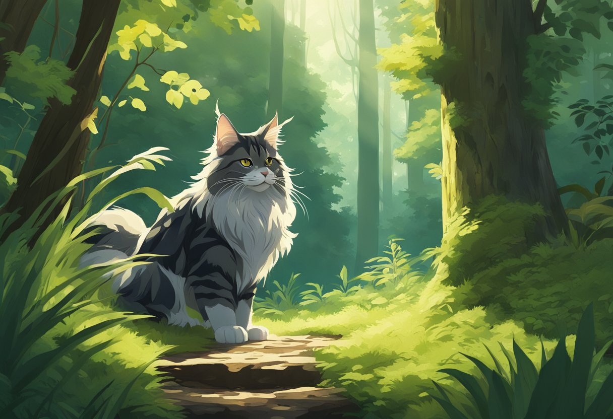 A Maine Coon cat prowls through a lush forest, its large, tufted ears alert as it investigates a raccoon's den. The dappled sunlight filters through the trees, casting shadows on the moss-covered ground