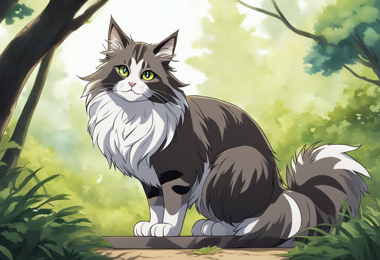 A large Maine Coon cat with raccoon-like markings sits proudly, its bushy tail extending out behind it. The cat's fur is a mix of black, brown, and white, and its eyes are bright and alert
