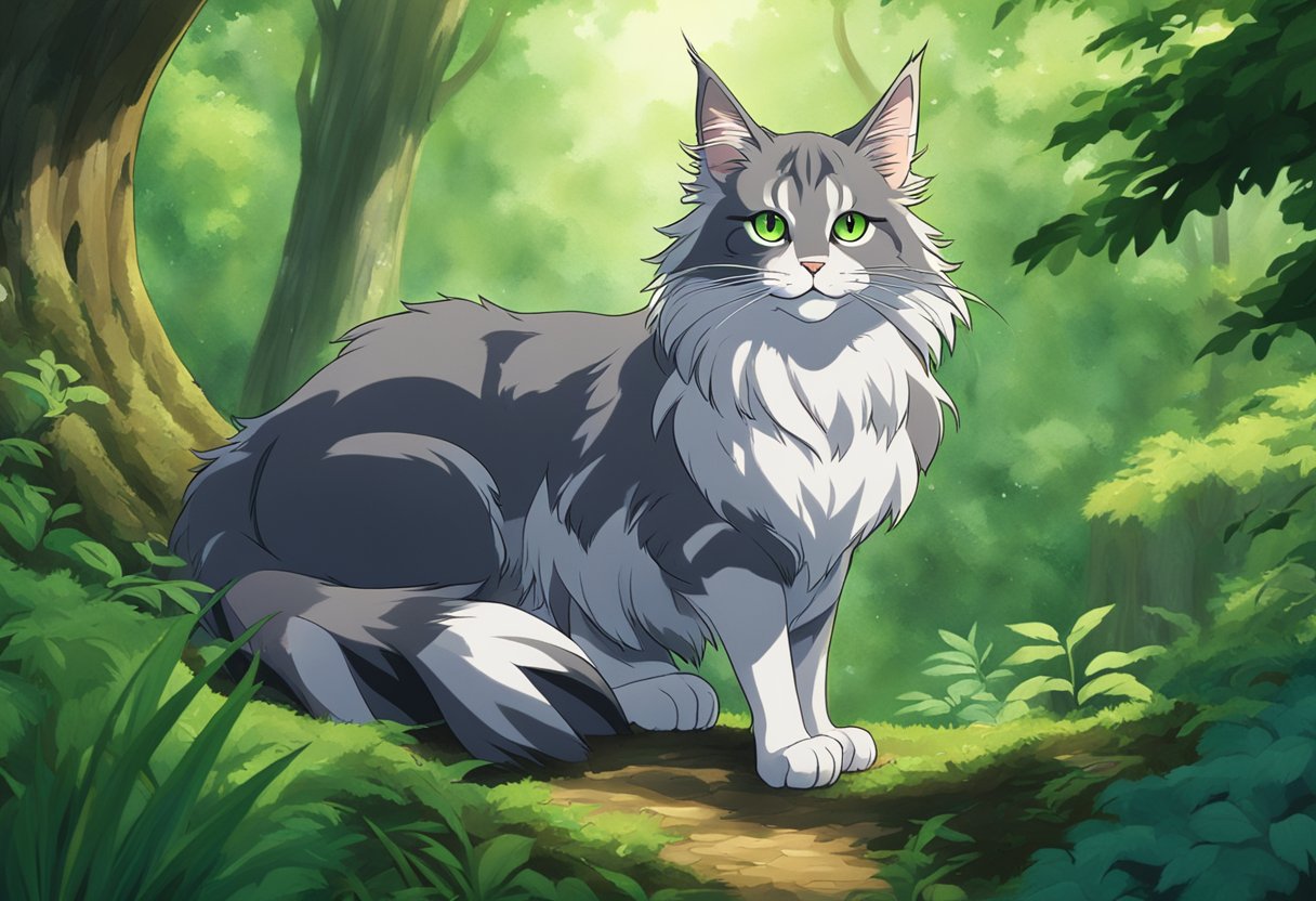 A Maine Coon cat with raccoon-like features lounges in a forest, surrounded by tall trees and lush greenery. Its long, bushy tail and tufted ears are prominent, capturing the essence of the folklore