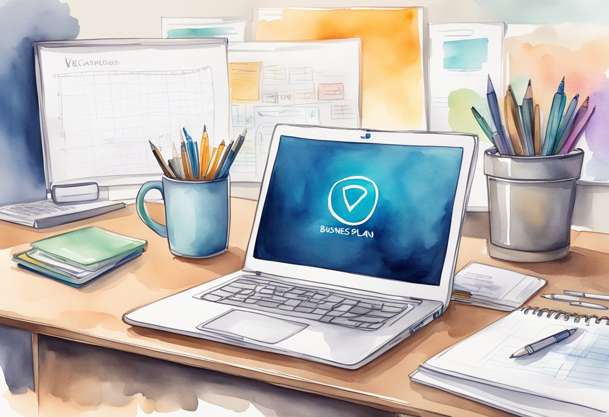 A laptop open on a desk, surrounded by notebooks, pens, and a cup of coffee. A whiteboard with a business plan outline in the background