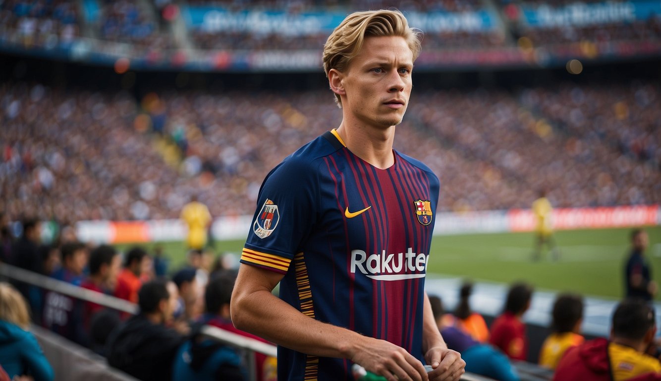 Frenkie de Jong in FC Barcelona jersey, with symbols representing wealth and income