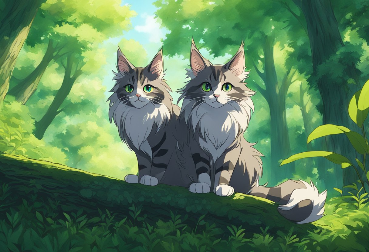 A Maine Coon cat with raccoon-like markings lounges in a sunlit forest clearing, surrounded by lush greenery and towering trees