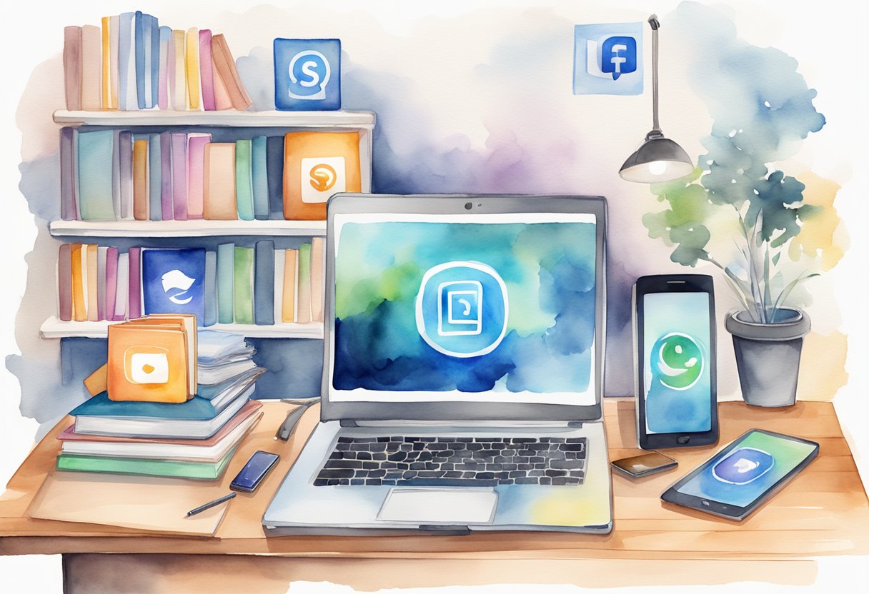 A laptop open on a desk, with various online business logos displayed on the screen. A smartphone and tablet sit nearby, showing social media apps. A bookshelf in the background holds books on entrepreneurship