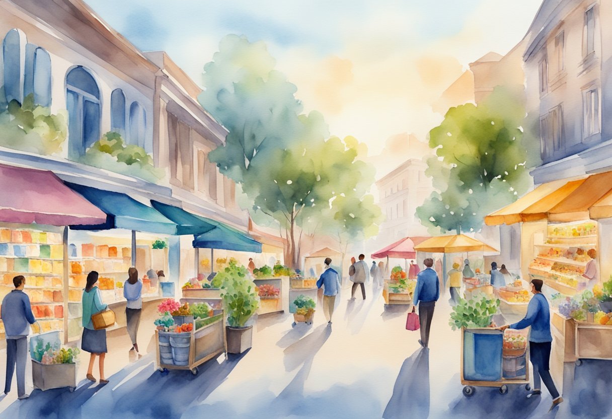 A bustling online marketplace with various e-commerce solutions and businesses, showcasing a myriad of products and services for customers to browse and purchase