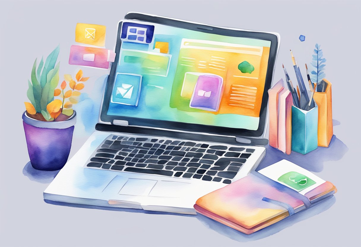A laptop displaying various digital products and services for sale on a sleek, modern website. Icons and graphics representing e-books, online courses, and software are featured prominently