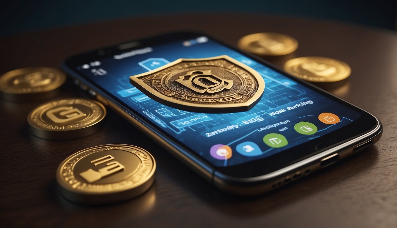A smartphone displaying a mobile banking app with a lock icon, surrounded by security symbols and a shield, representing secure online banking practices
