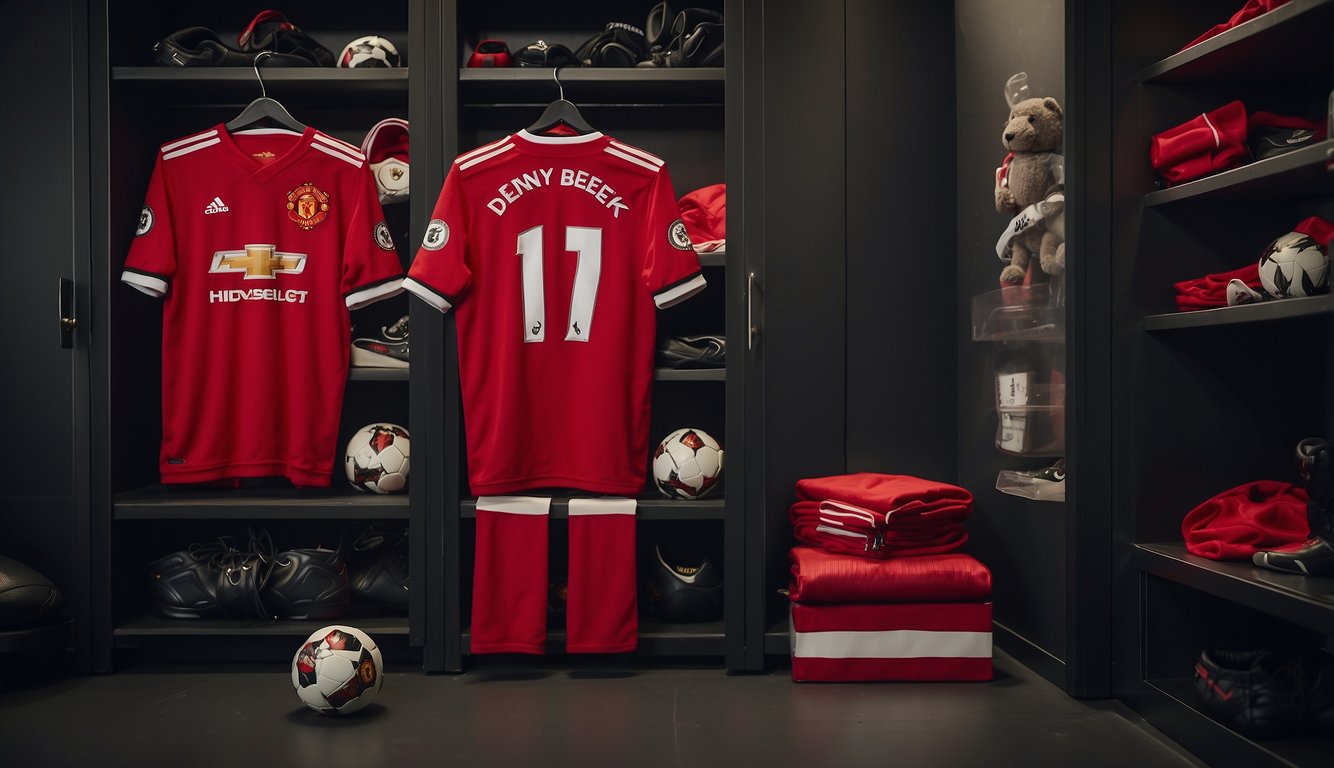 Donny van de Beek's jersey hanging in a locker room, surrounded by football gear and a Manchester United logo