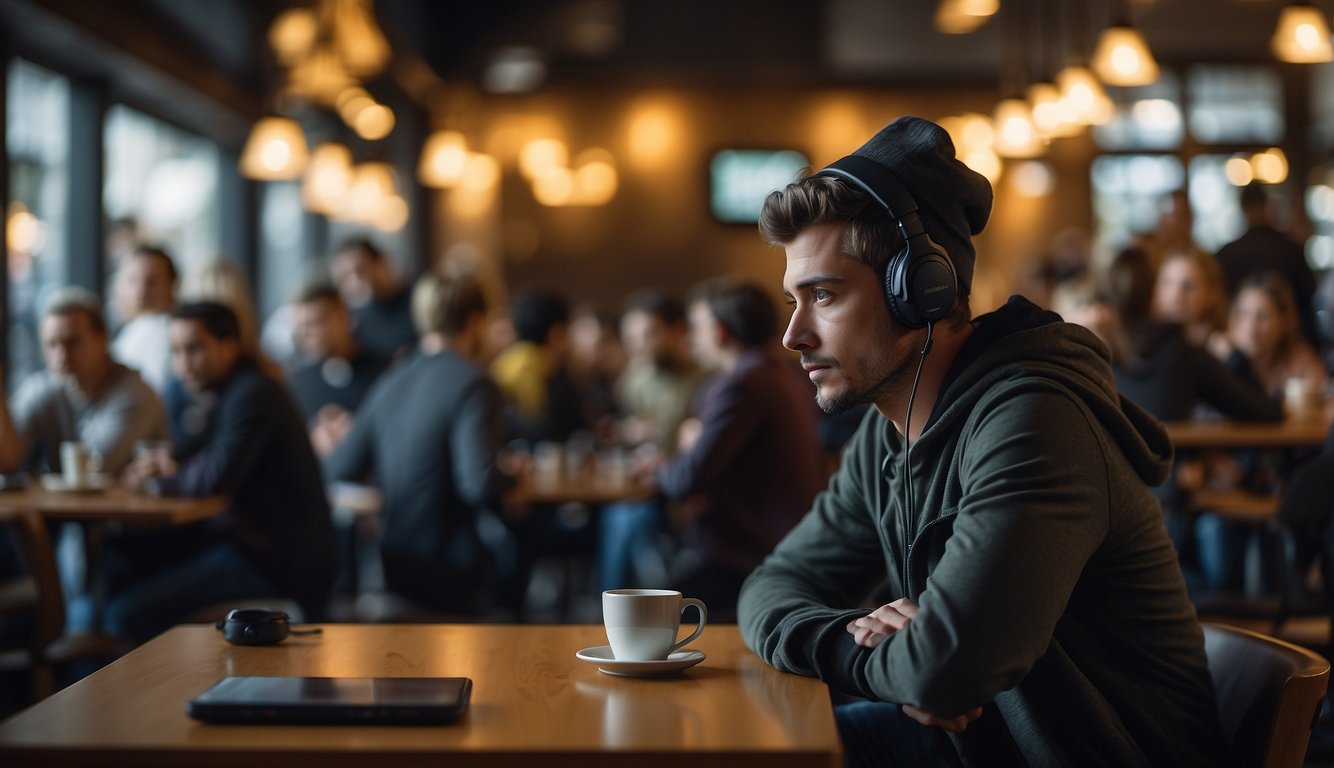 A person sitting in a crowded café, surrounded by electronic devices. A hacker lurks nearby, targeting vulnerable public Wi-Fi users